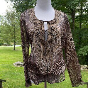 KAY CELINE Animal Print Beaded Embellished Blouse